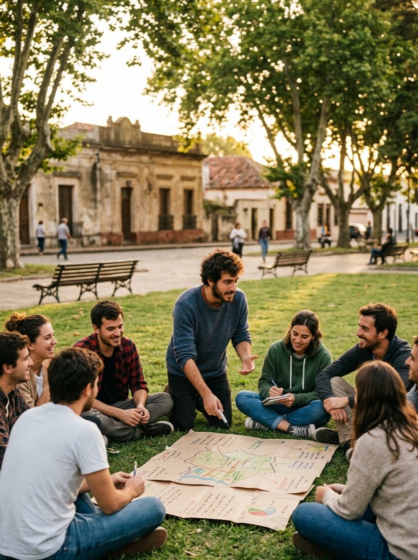 Jóvenes uruguayos en la plaza trabajando juntos